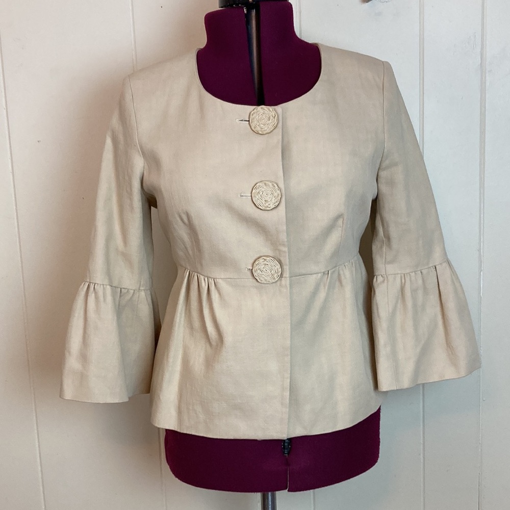 LK Bennet Linen Ruffle Blazer 10 Lightweight Party Jacket Khaki Tan